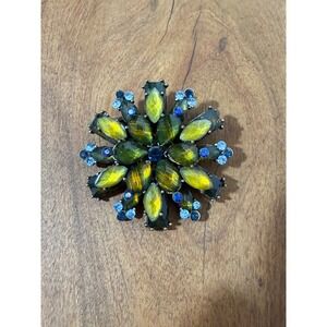 Vintage Style Green Yellow Blue Rhinestone Sunburst Brooch Pin Bronze Tone Metal